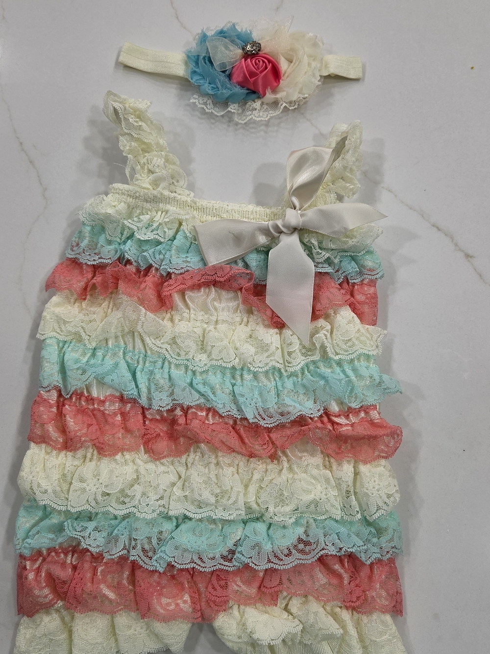 Ruffled Lace Baby Romper with  Matching Headband - Coral, Aqua, Cream
